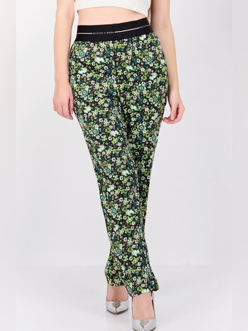 Scotch & Soda Women Floral Pattern Pull On Palazzo Pants, Green Combo